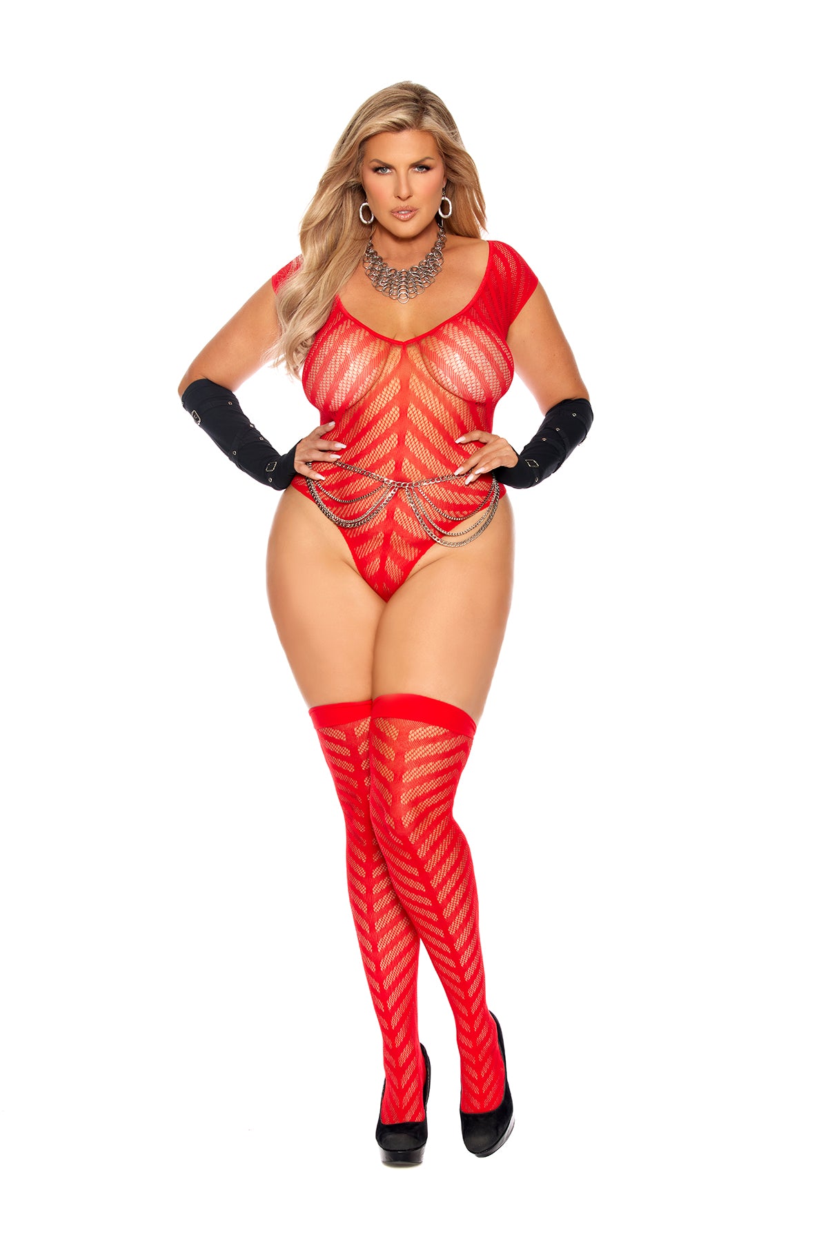 Chevron striped crochet deep V Teddy and matching stockings